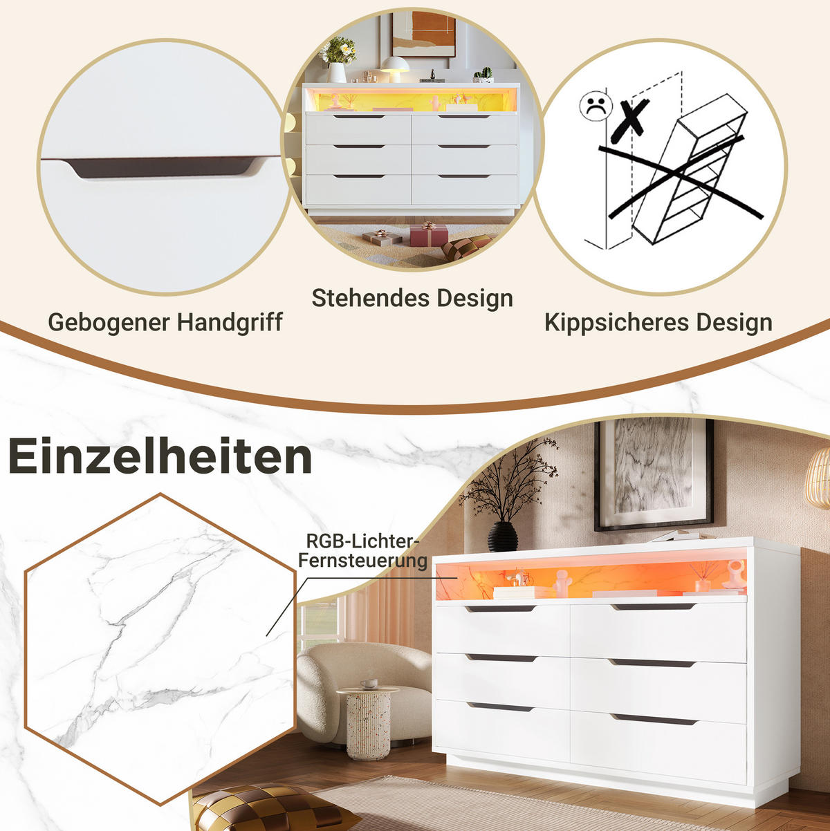 SIDEBOARD aus Spanplatte 40x120x85 cm Weiß mit LED-Beleuchtung, 6 Schubladen und offenem Fach - Weiß, Holzwerkstoff (120/85/40cm) - Modfu