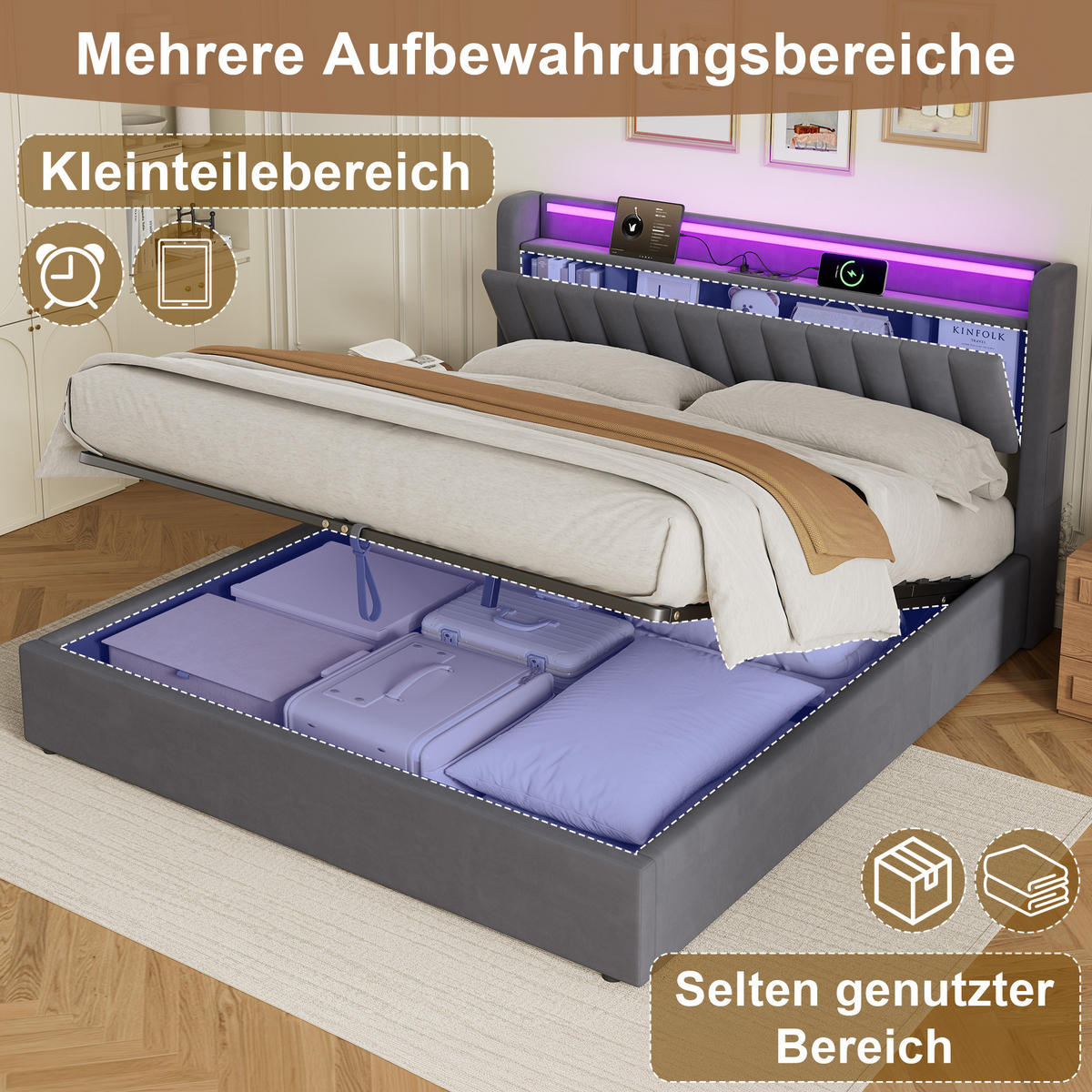 POLSTERBETT 180/200 cm in Grau, mit Bettkasten, Matratze, Stauraum, USB und LED Beleuchtung - Grau, Holzwerkstoff/Textil (180/200cm) - WISHDOR