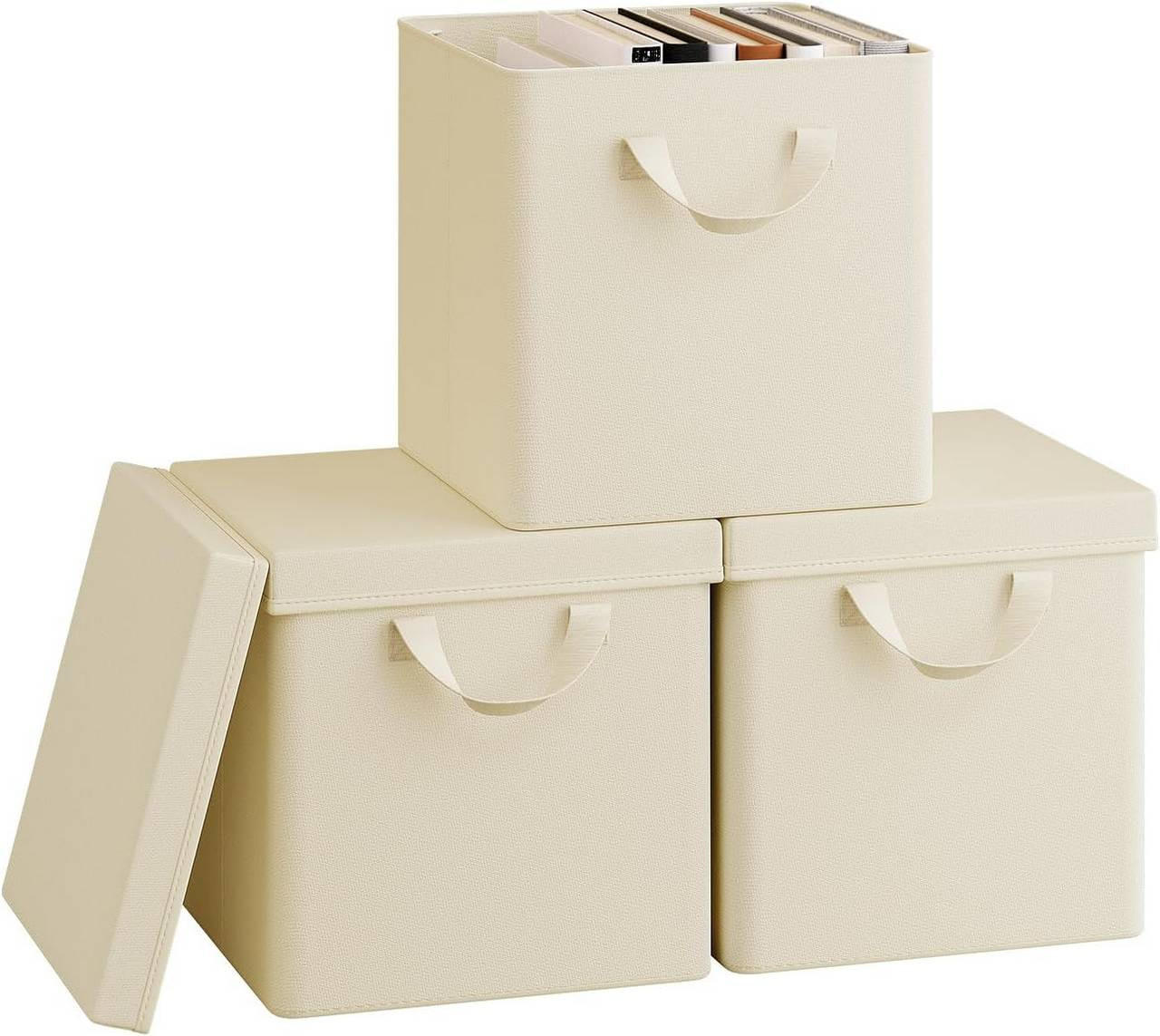 BOX 3 Stück, faltbar, mit Deckel, Creme, 20L - Creme, Leder/Kunststoff (27/27/27cm) - Woltu
