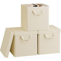 BOX 3 Stück, faltbar, mit Deckel, Creme, 20L - Creme, Leder/Kunststoff (27/27/27cm) - Woltu