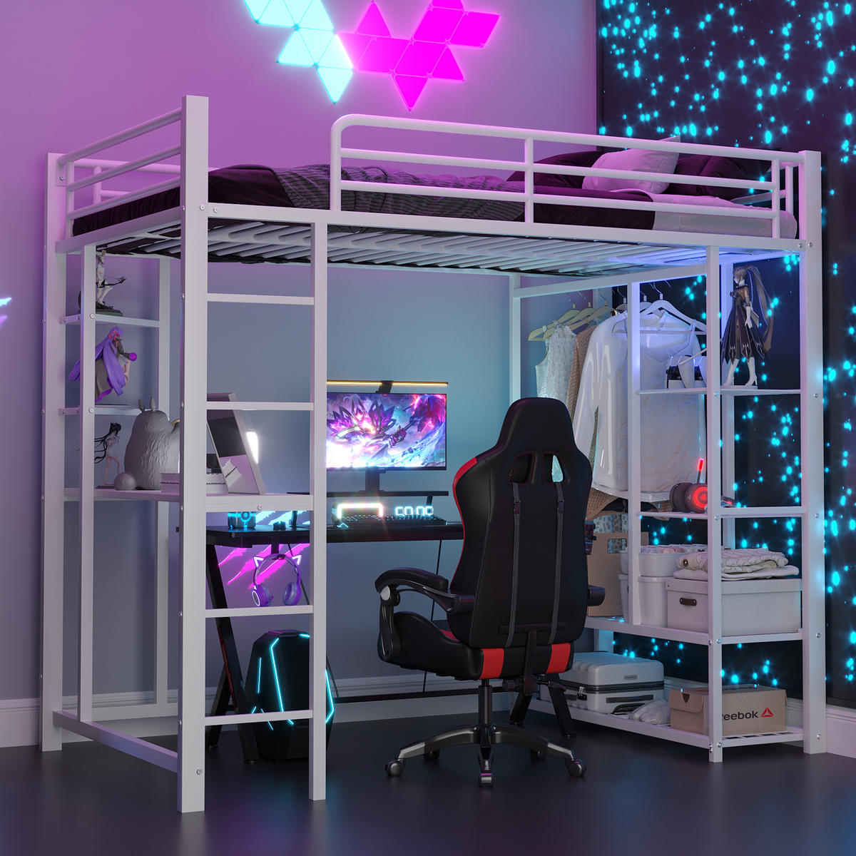 HOCHBETT aus Metall 90x200 cm in Weiß mit Schreibtisch & Kleiderstange - Weiß, Metall (90/200cm) - Modfu