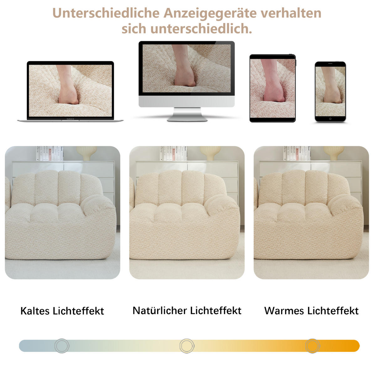 SOFA 366/104/79 cm in Beige-Weiß mit breiter Sitzfläche und weichem Bezug - Beige, Textil (104/79/366cm) - Flora Grace