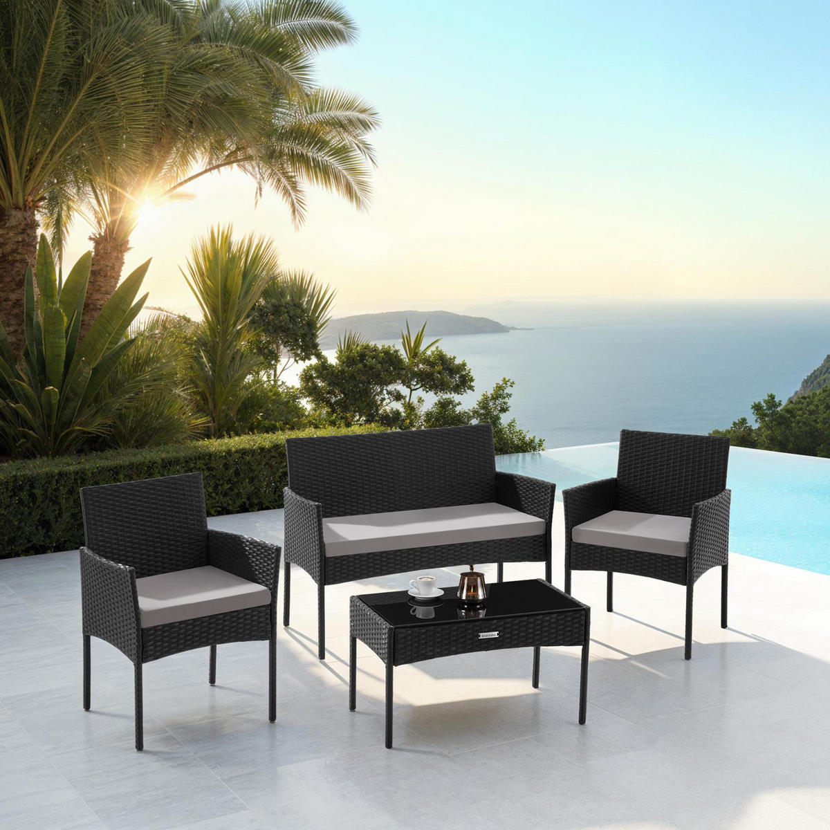 RATTAN GARTENSET Palese,Sofa 250 kg, je Sessel 120 kg,schwarz - Schwarz, Kunststoff - tectake