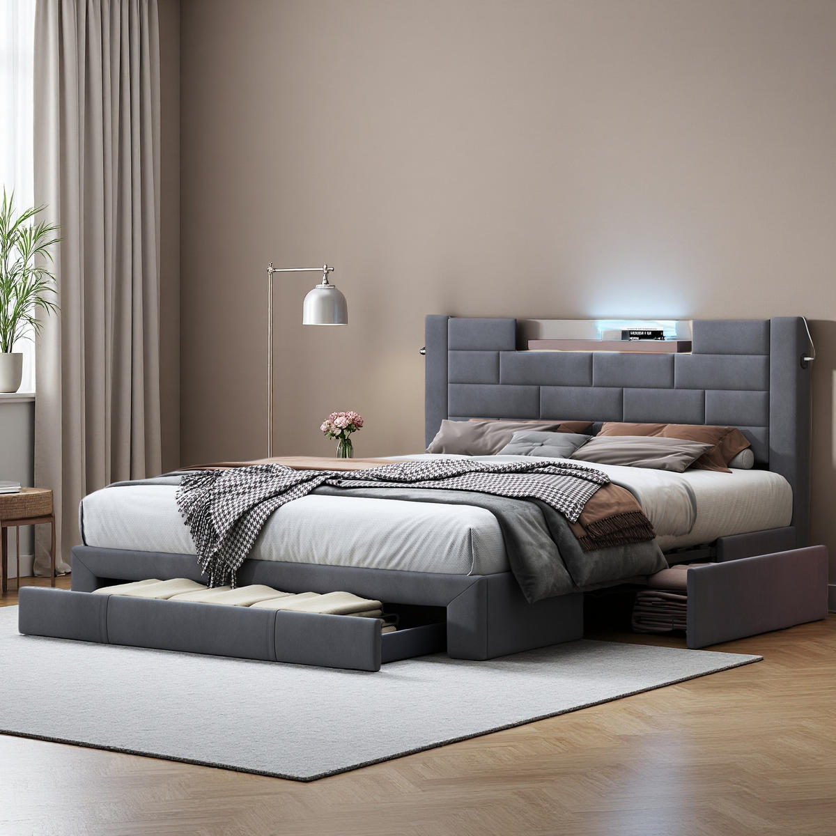 POLSTERBETT 140x200 cm Grau Samt LED USB Schubladen Kopfteil - Grau, Holz (140/200cm) - SHOPENTRA