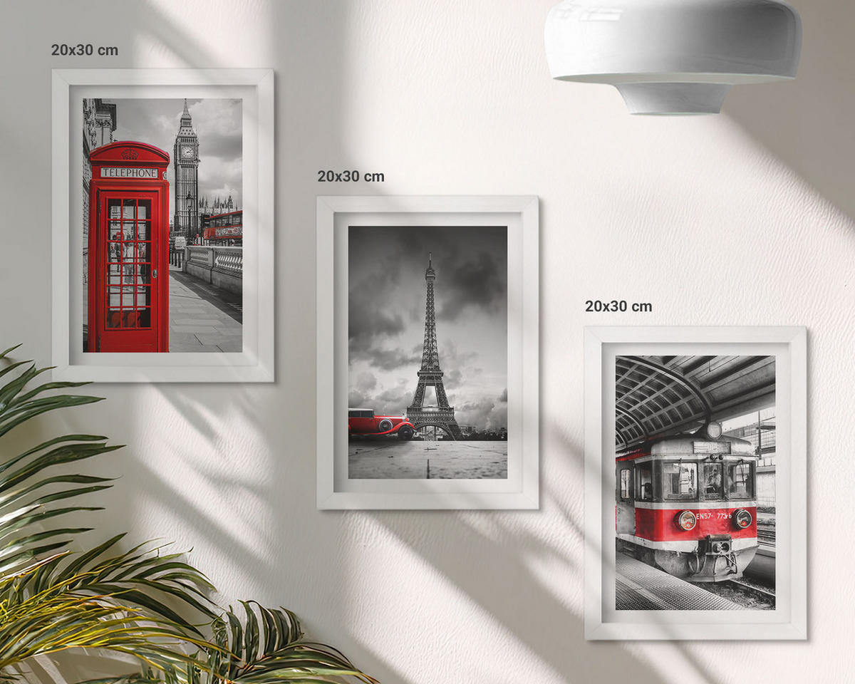 WANDBILDER 3er-Set - 20x30 cm Weißer Rahmen - Ikonen London Paris Verkehr - Weiß, Kunststoff (20/30cm) - ArtPrintCave