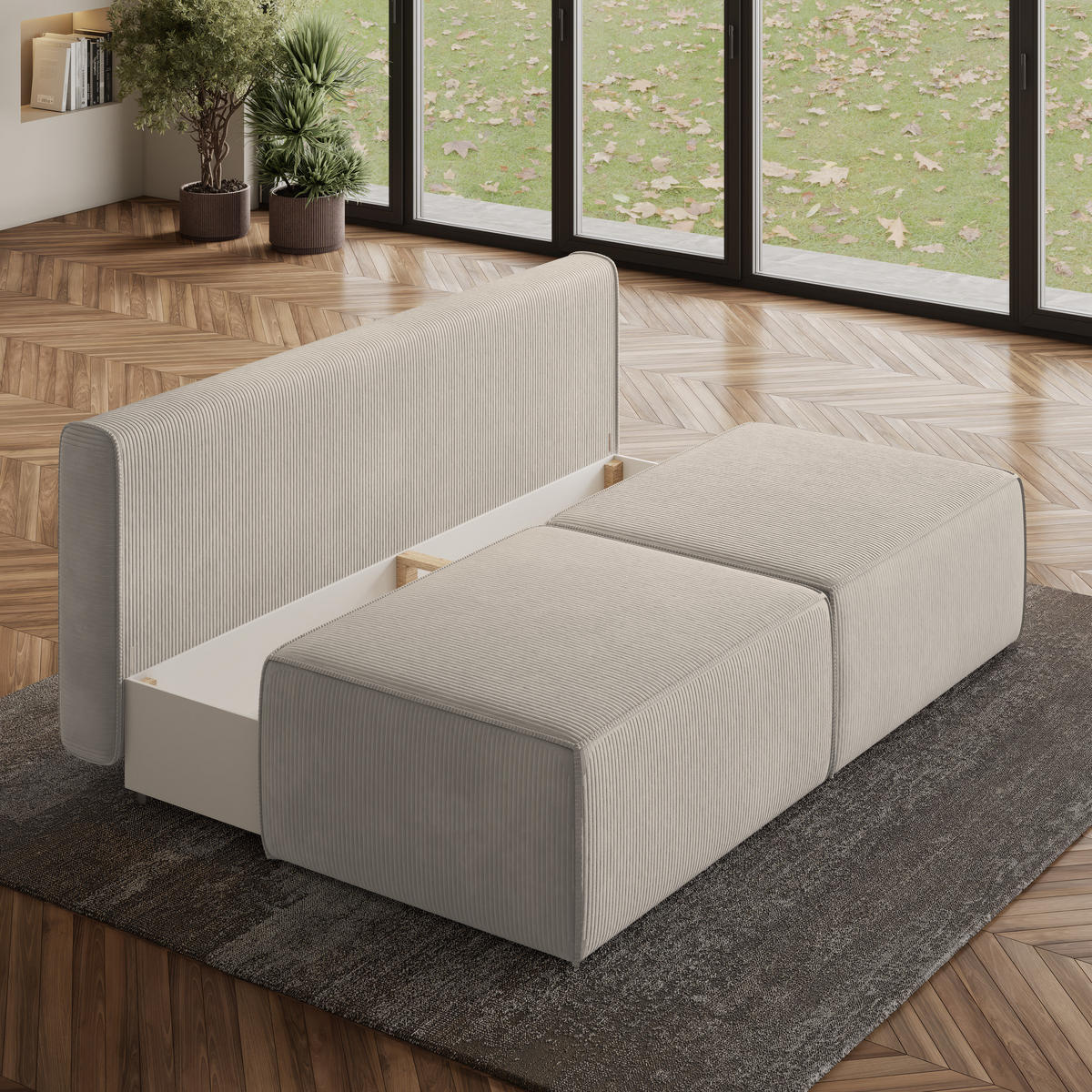 ECKSOFA VARNA P Creme Kordstoff mit Schlaffunktion - Creme, Holz (196/158cm) - MASSENO