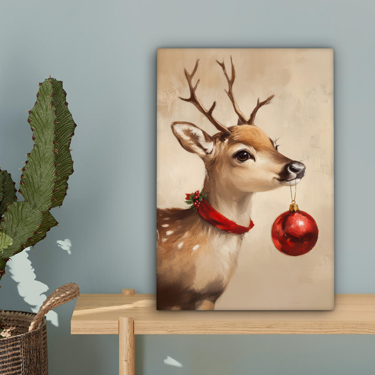 LEINWANDBILD Weihnachten - Hirsch - Geweih - Weihnachtskugel - Rentier Deko Wohnzimmer 20x30 cm - Hellbraun, Textil (20/30cm) - MuchoWow