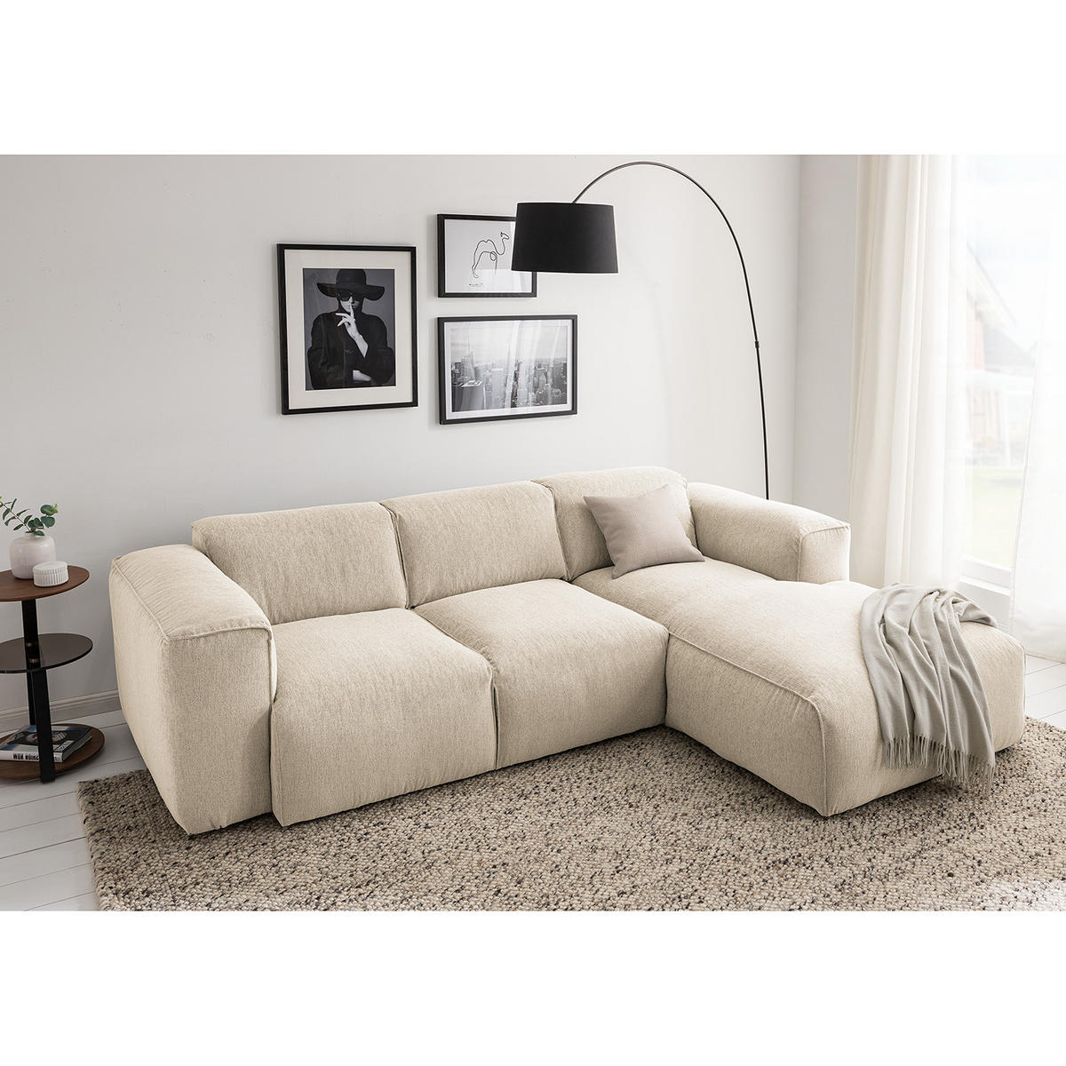 3-SITZER ECKSOFA mit Longchair - Beige/Schwarz, Kunststoff/Textil (251/173cm) - home24