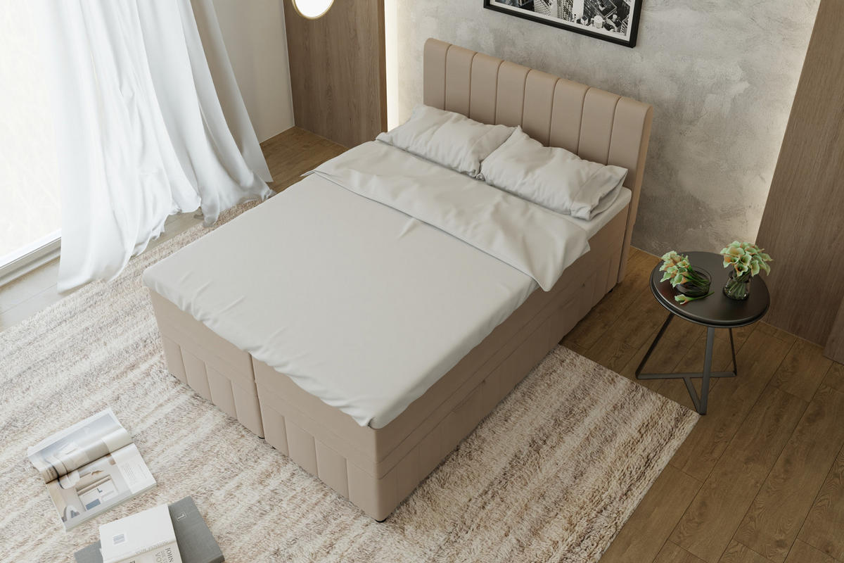 BOXBETT AVALON 140 x 200 cm mit Bettkasten und Topper - Beige - Beige, Holz - Panda Möbel