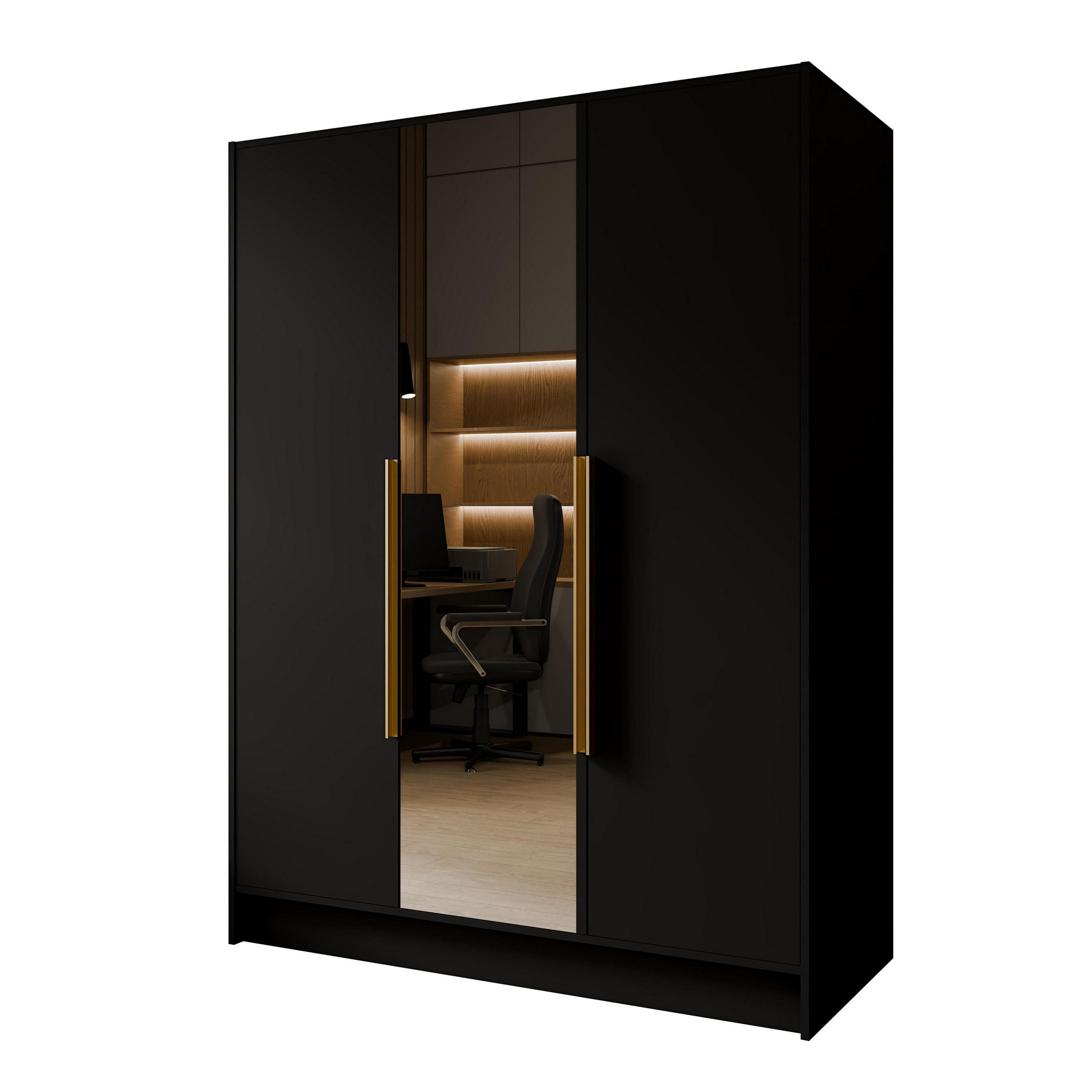 DREHTÜRENSCHRANK RENVO 150/200/51 cm Modern Kleiderschrank 3-türig mit Spiegel Schwarz - Schwarz, Holzwerkstoff (150/200/51cm) - MASSENO