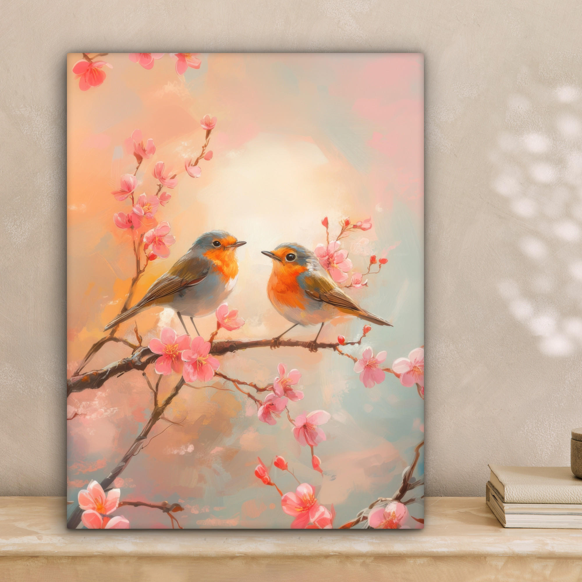 LEINWANDBILD Rotkehlchen - Zierpflanze - Blütenzweig 30x40 cm - Hellrosa, Textil (30/40cm) - MuchoWow