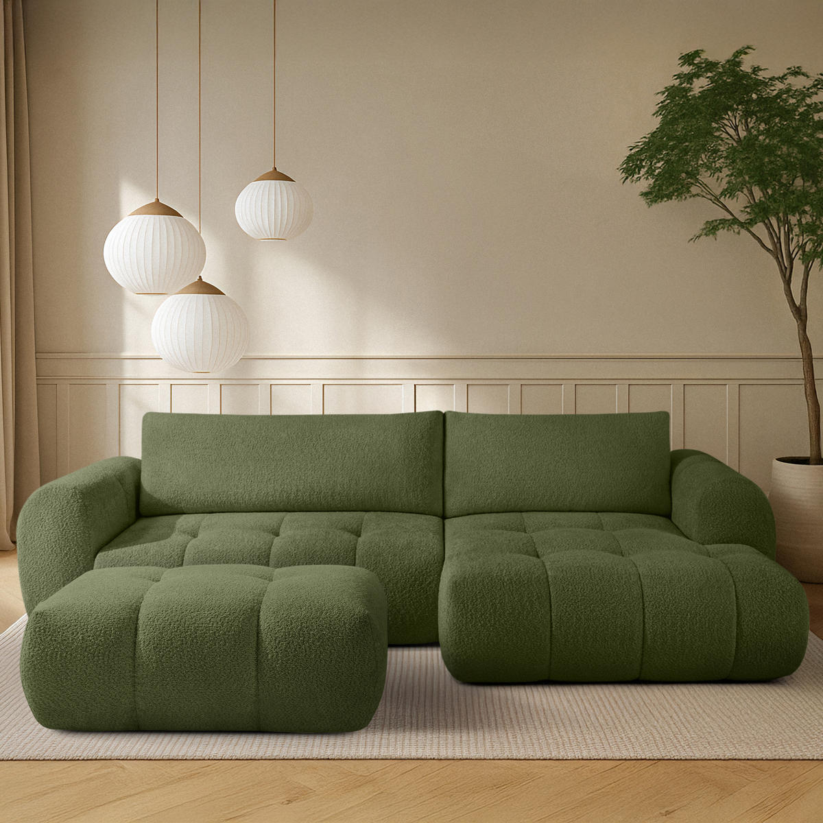 ECKSOFA MIT HOCKER LIRA, Olivgrün, Bouclé - Olivgrün, Holz/Holzwerkstoff (96/50cm) - KONSIMO®