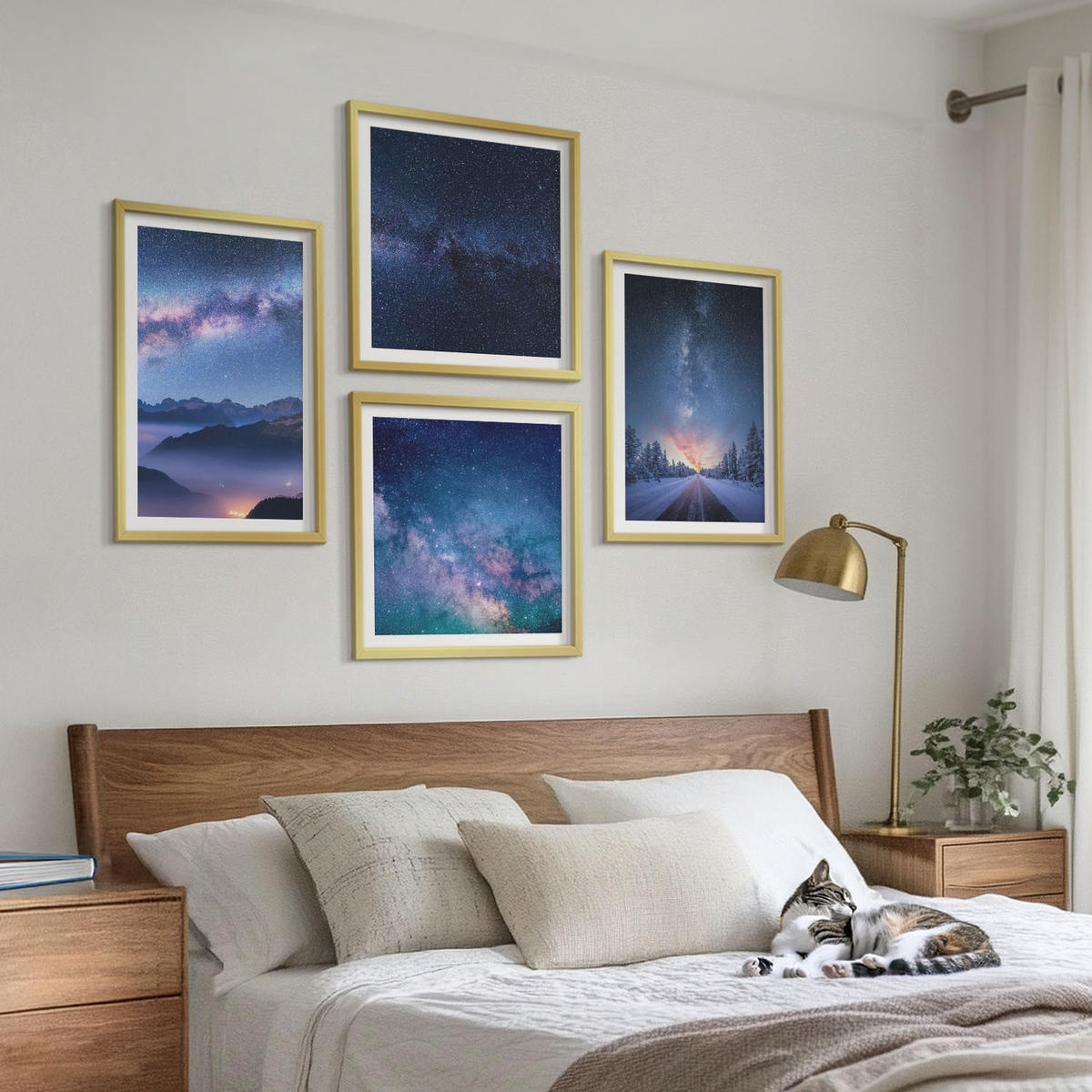 BILDER SET 4er Set - 50x50 cm & 40x60 cm Goldrahmen - Nachthimmel, Berge, Winter, Weltraum - Goldfarben, Kunststoff (50/50cm) - TULUP