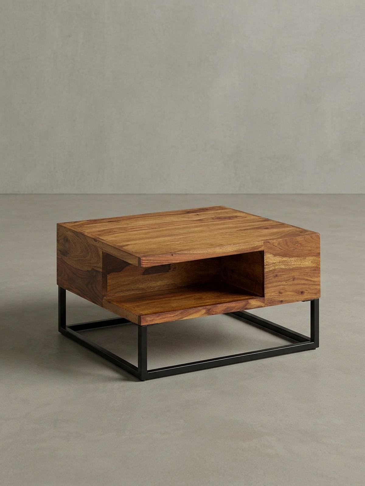 COUCHTISCH in Sheeshamholz mit Staufach, 60x60x34,5 cm, Industrial-Design - Schwarz/Braun, Holz/Metall (60/60/35cm) - KADIMA DESIGN