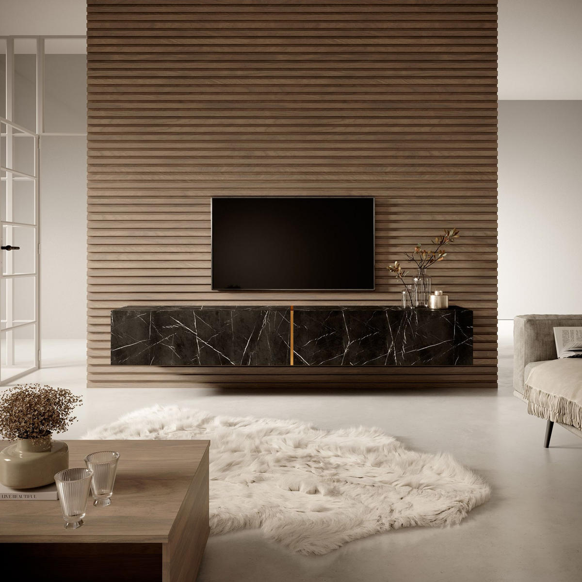 TV-LOWBOARD Bisira Schwarze Marmoroptik / Gold 200 cm - Schwarz, Holzwerkstoff (200/30/31.6cm) - Selsey