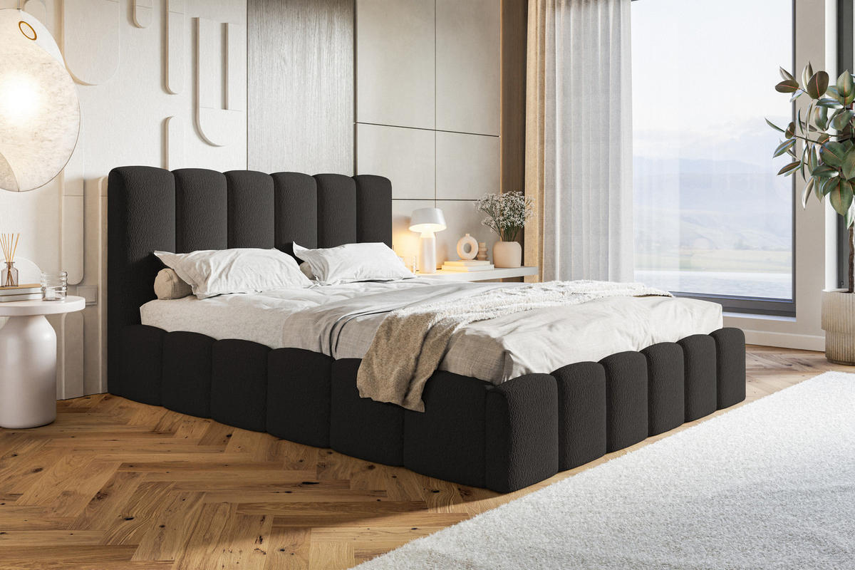 POLSTERBETT 160x200 Palermo mit Bettkasten, Lattenrost, Boucle, Schwarz - Schwarz, Holz/Textil (160/200cm) - Emporius