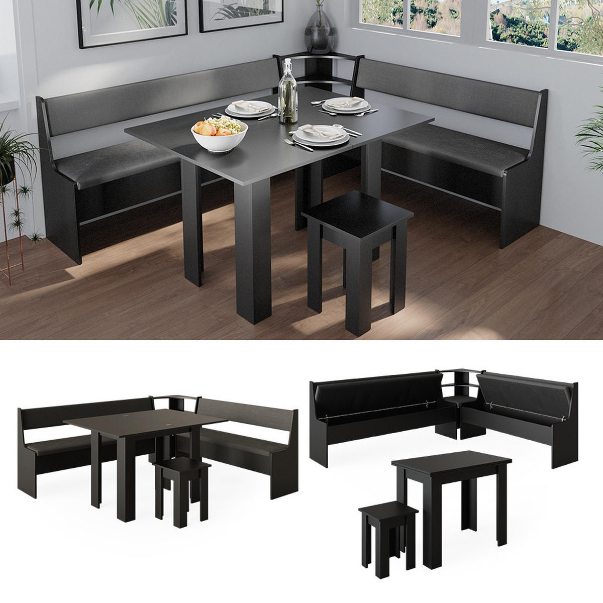 ECKBANKGRUPPE Roman Schwarz 180 x 41.5 cm mit Tisch - Taupe/Schwarz, Holzwerkstoff (210/80/180cm) - Vicco