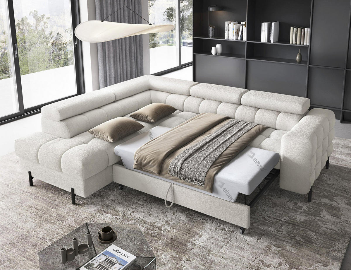 WOHNLANDSCHAFT FERUCCE Ecksofa L-Form – Polsterecke mit Schlaffunktion, Bettkasten & verstellbaren Kopfstützen 276 cm - Creme, Kunststoff (276/200cm) - Wohnideebilder