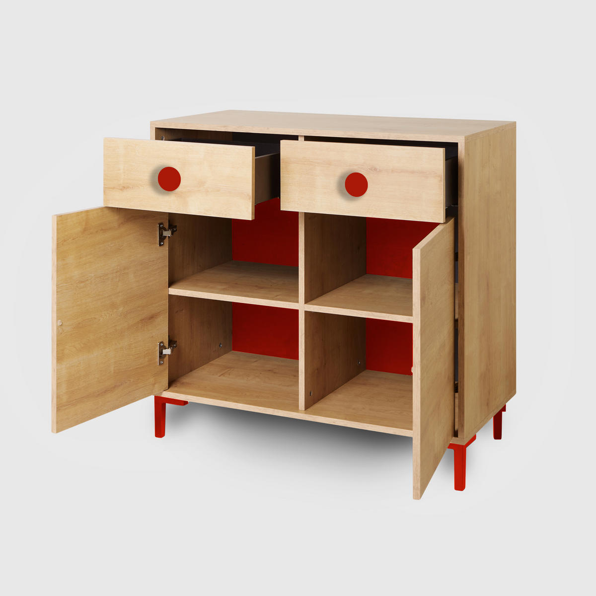 KOMMODE mit 2 Türen und 2 Schubladen ALISE Kids - Rot/Eiche Artisan, Holzwerkstoff (90/85/45cm) - RNT By Really Nice Things