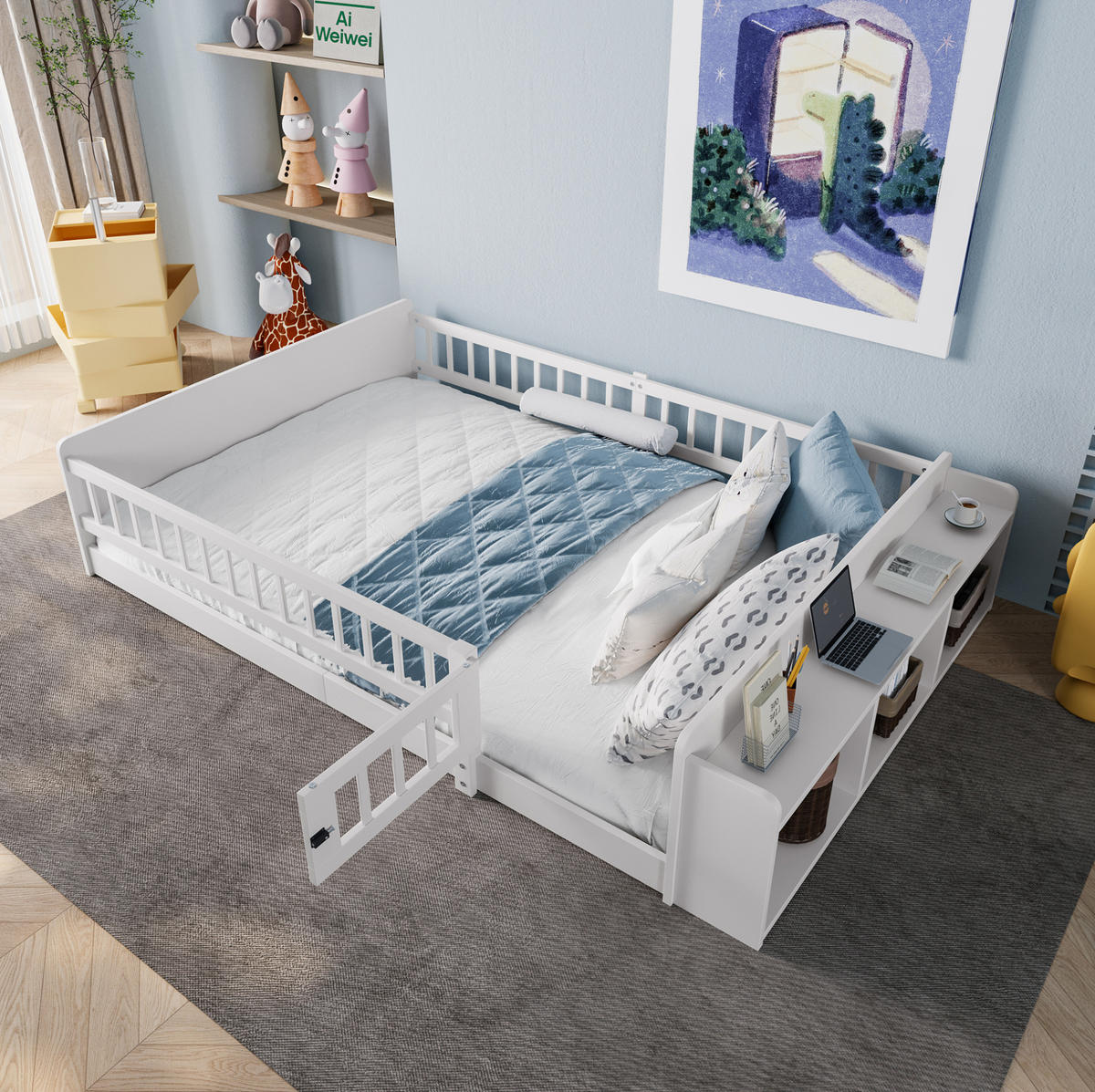KINDERBETT 140/200 cm aus Kiefer und MDF mit offenem Stauraum und aufklappbarer Zauntür Weiß - Weiß, Holz (140/200cm) - Modenvie