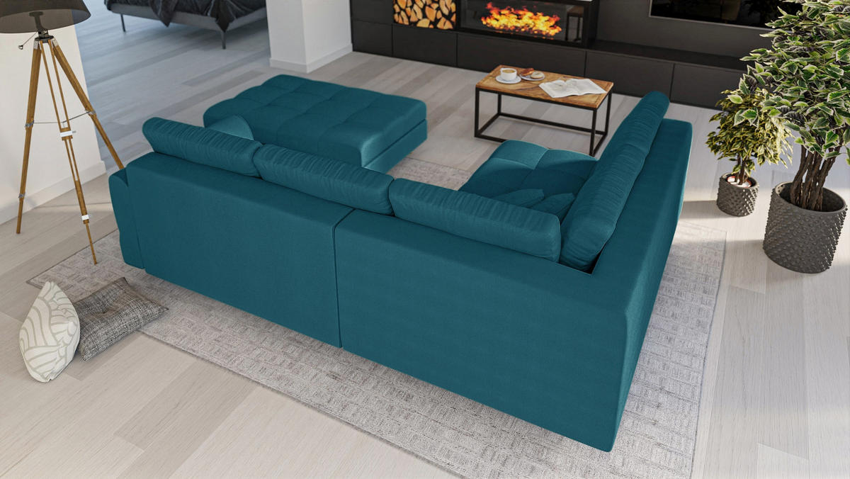 ECKSOFA MIT HOCKER Lorine Mikrofaser Blau - Blau/Hellbraun, Buchenholz/Textil (231/161cm) - S-Style Möbel
