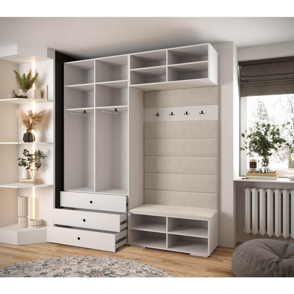 Thumbnail - Abiks Möbel Garderoben-Set, Weiß, Grau, Schwarz, Kunststoff, Nachbildung, 2-Sitzer, 8 Fächer, 200x236.7x47 cm, Garderobe...