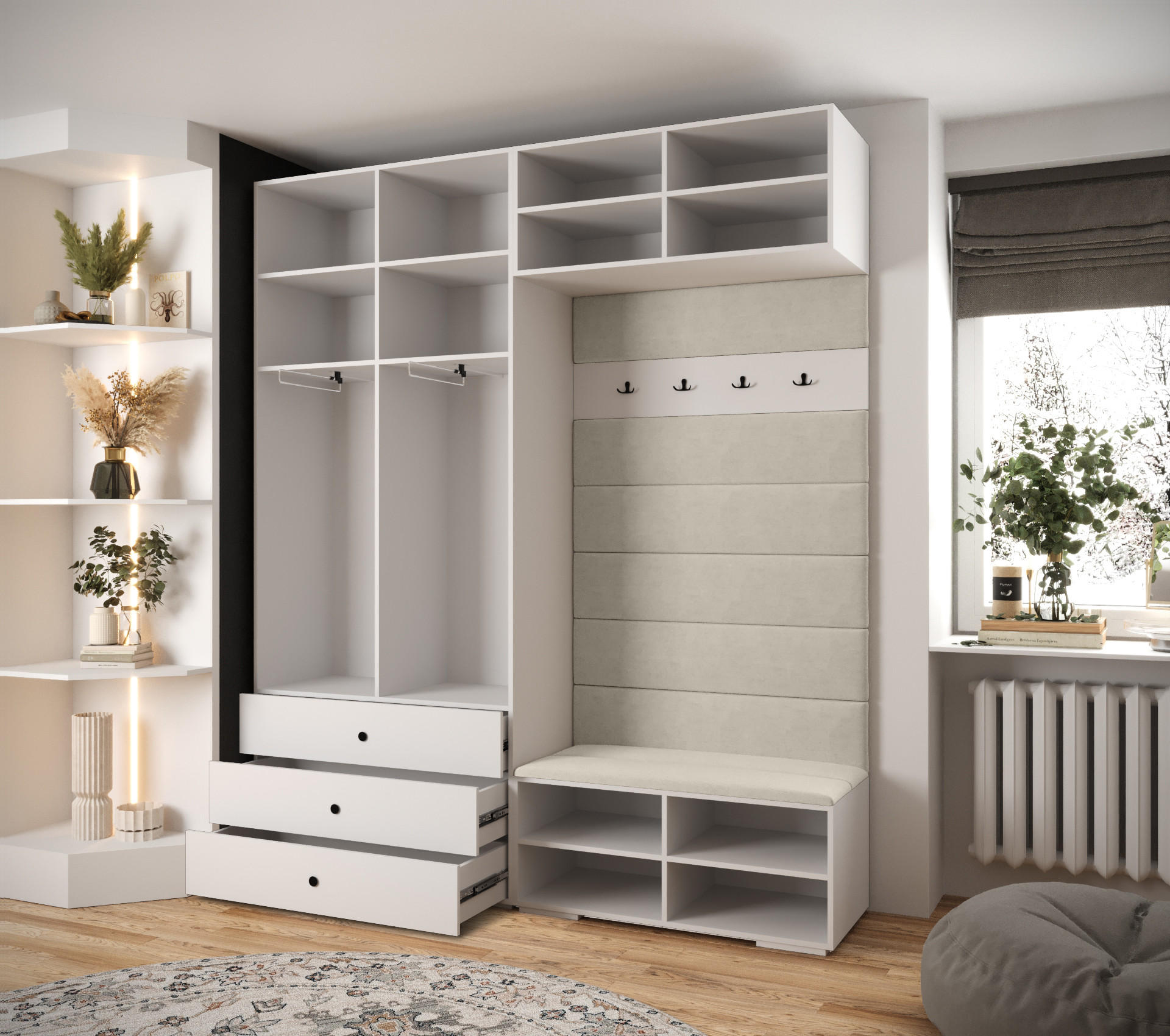 Thumbnail - Abiks Möbel Garderoben-Set, Weiß, Grau, Schwarz, Metall, Nachbildung, 2-Sitzer, 8 Fächer, 200x236.7x47 cm, Garderobe, Ga...