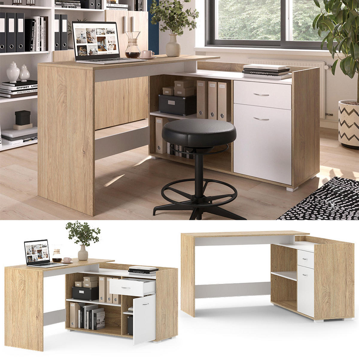 ROHOVÝ PSACÍ STŮL Noira Bílá/Sonoma - bílá/Sonoma dub, kompozitní dřevo (77/135/115cm) - Vicco