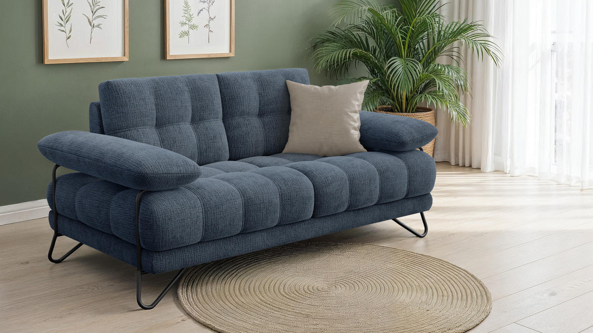 SOFA BUBBARA 2-Sitzer, marineblau - Blau/Schwarz, Holz/Textil (185/87/96cm) - Courtois Laville