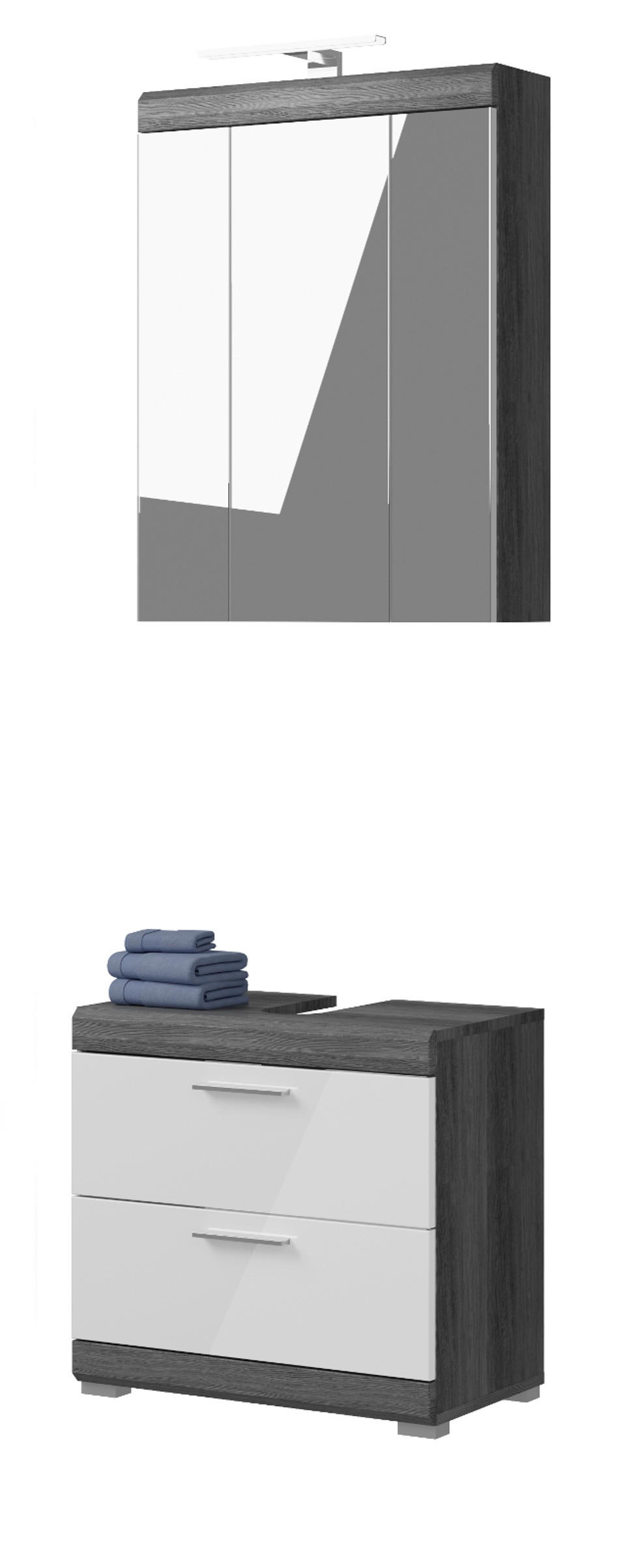 BADMÖBEL-SET weiß Hochglanz, grau 2-teilig 60 cm, Kombination mit Spiegelschrank - Weiß Hochglanz/Grau, Holzwerkstoff (60/191/34cm) - Inn.Furn