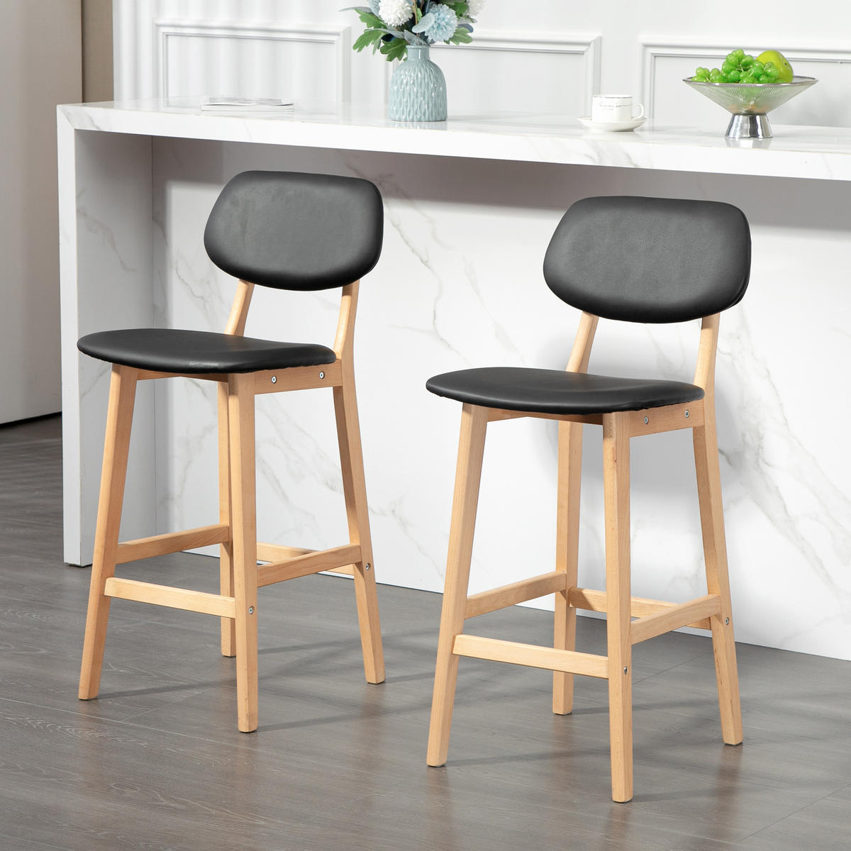 BARHOCKER 2er-Set DE-14741 mit Rückenlehne & Holzbeinen Schwarz - Schwarz, Holzwerkstoff (47/92/42cm) - ComfortXL