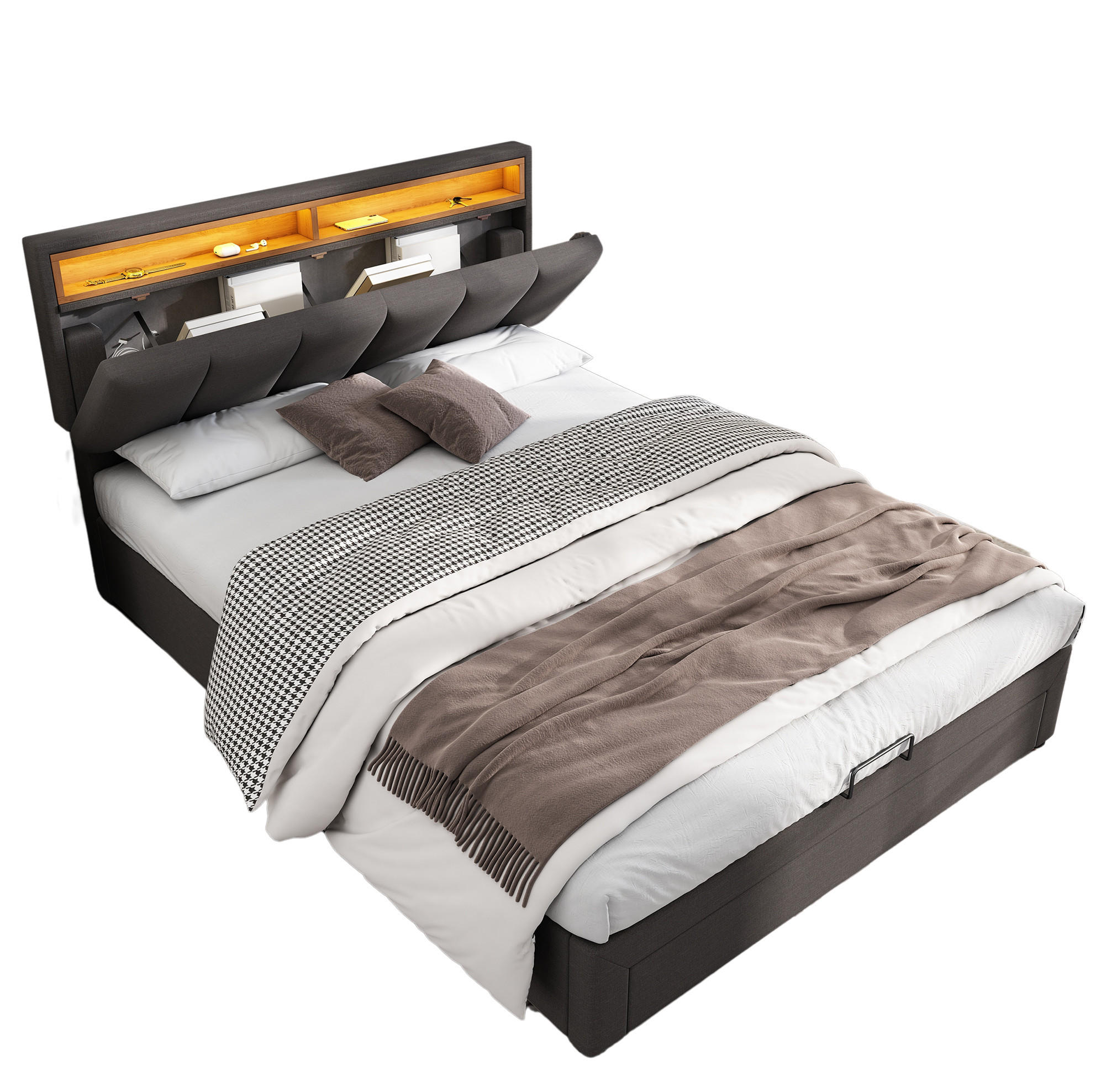 POLSTERBETT mit LED-Beleuchtung 140/190 cm mit Bettkasten & gepolstertem Kopfteil - Grau, Metall (140/200cm) - BEAOK