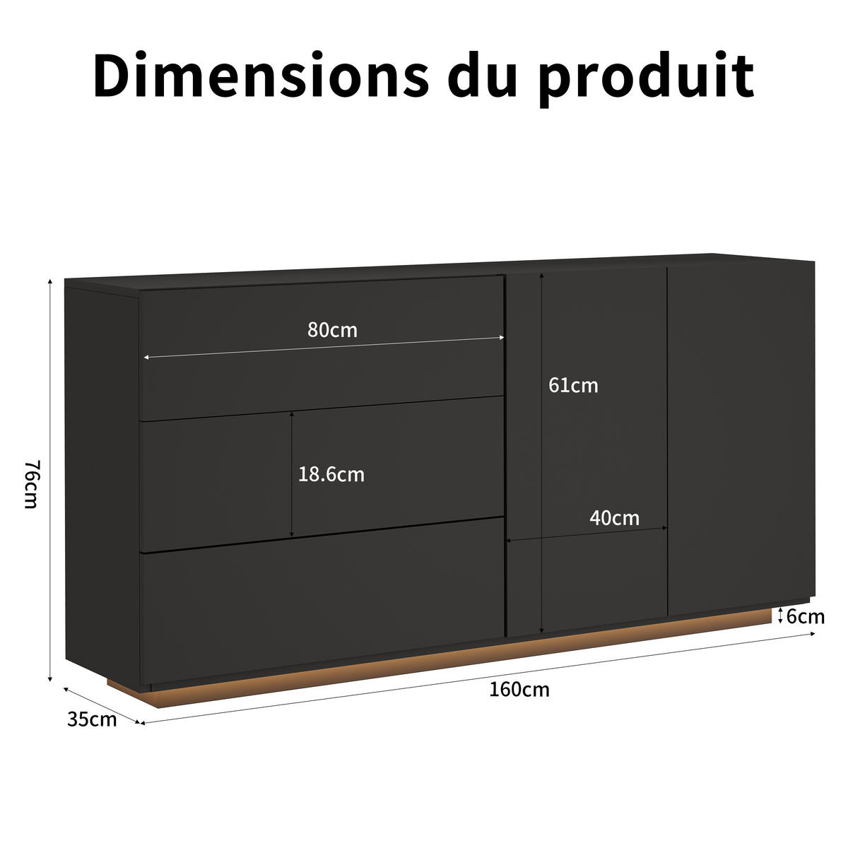 SIDEBOARD 160x35x76 cm, LED, 2 Türen, für Küche und Wohnraum, Schwarz - Schwarz, Holz (160/76/35cm)