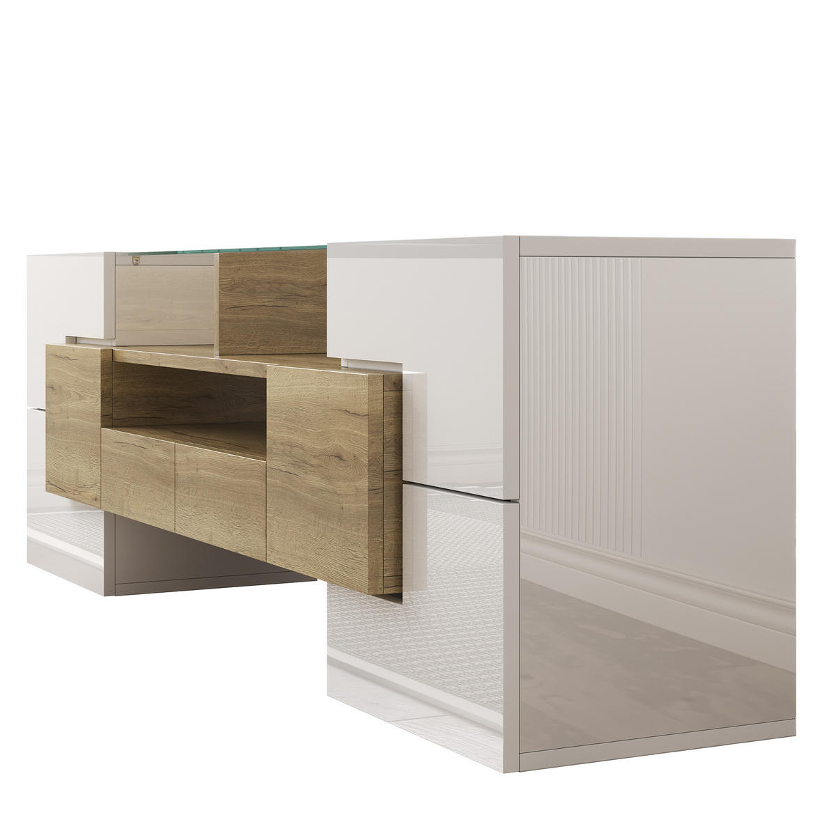 TV-LOWBOARD aus Holzwerkstoff 145x30x51 cm Weiß-Gold mit LED-Beleuchtung und viel Stauraum - Weiß, Holzwerkstoff (145/51/30cm) - Modfu