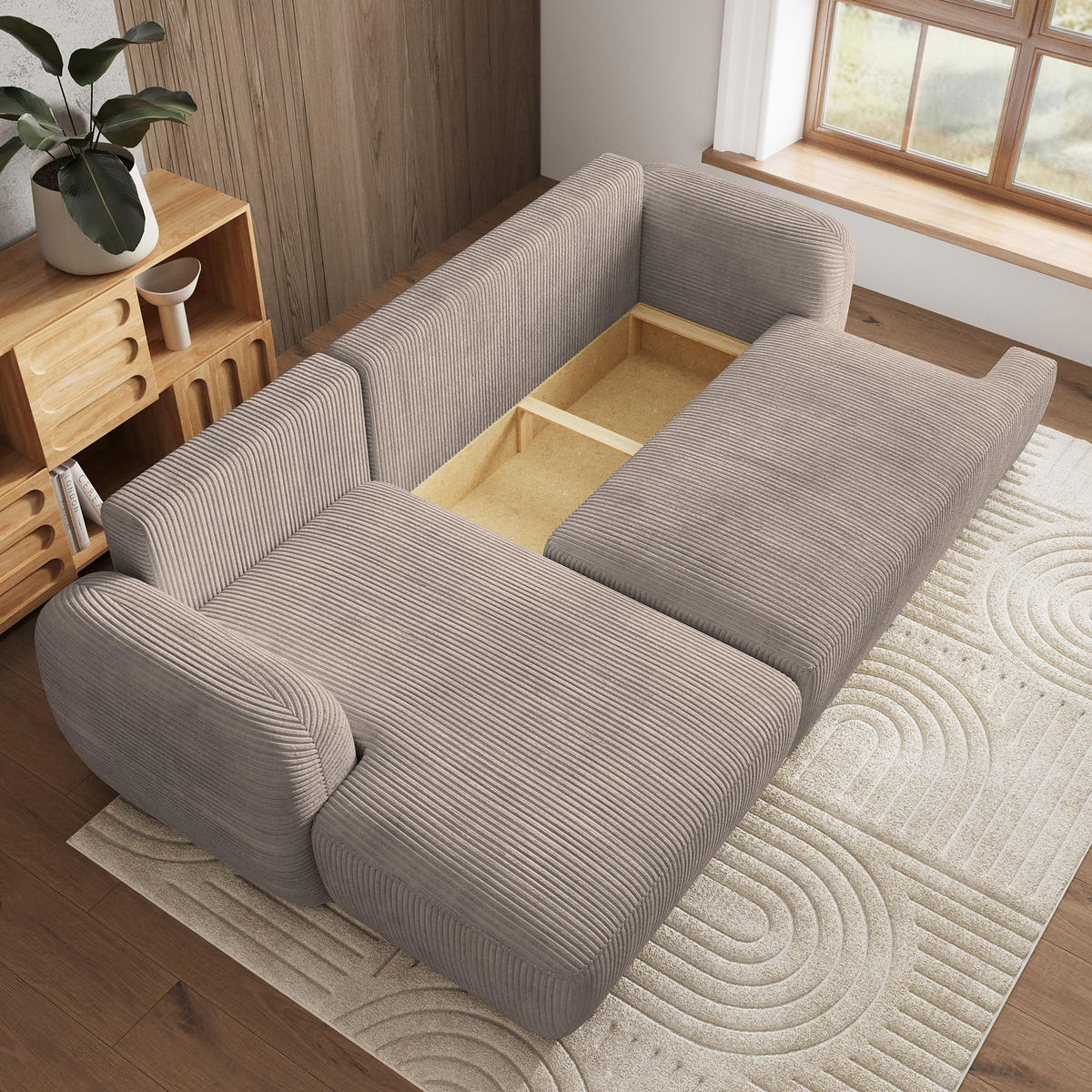 ECKSOFA MODENZA P L-S Beige Kordstoff mit Schlaffunktion - Beige, Holz (266/148cm) - MASSENO