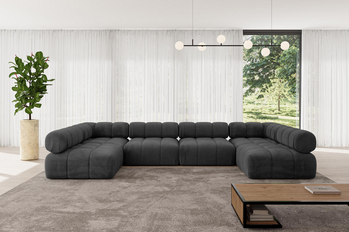 WOHNLANDSCHAFT modulares Sofa Garvo-U2 - 380x190x70 cm Schwarz Velours - Schwarz, Holzwerkstoff/Textil (380/70/190cm) - ALTDECOR