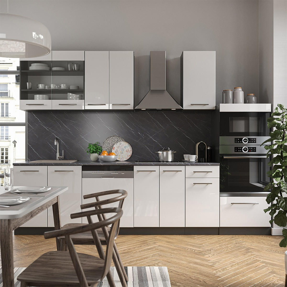 KÜCHENZEILE Fame-Line Weiß Hochglanz/Anthrazit 300 cm mit Hochschrank, AP Marmor - Weiß Hochglanz/Anthrazit, Holzwerkstoff (300/81.6/60cm) - Vicco