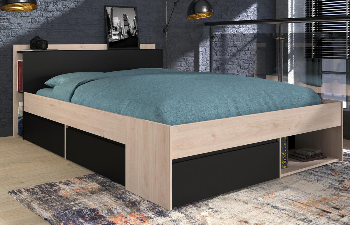 BETT mit Regal und 3 x Schubkasten Stauraumbett 140 x 200 cm - Eichefarben/Schwarz, Holz/Holzwerkstoff (140/200cm) - Parisot Meuble