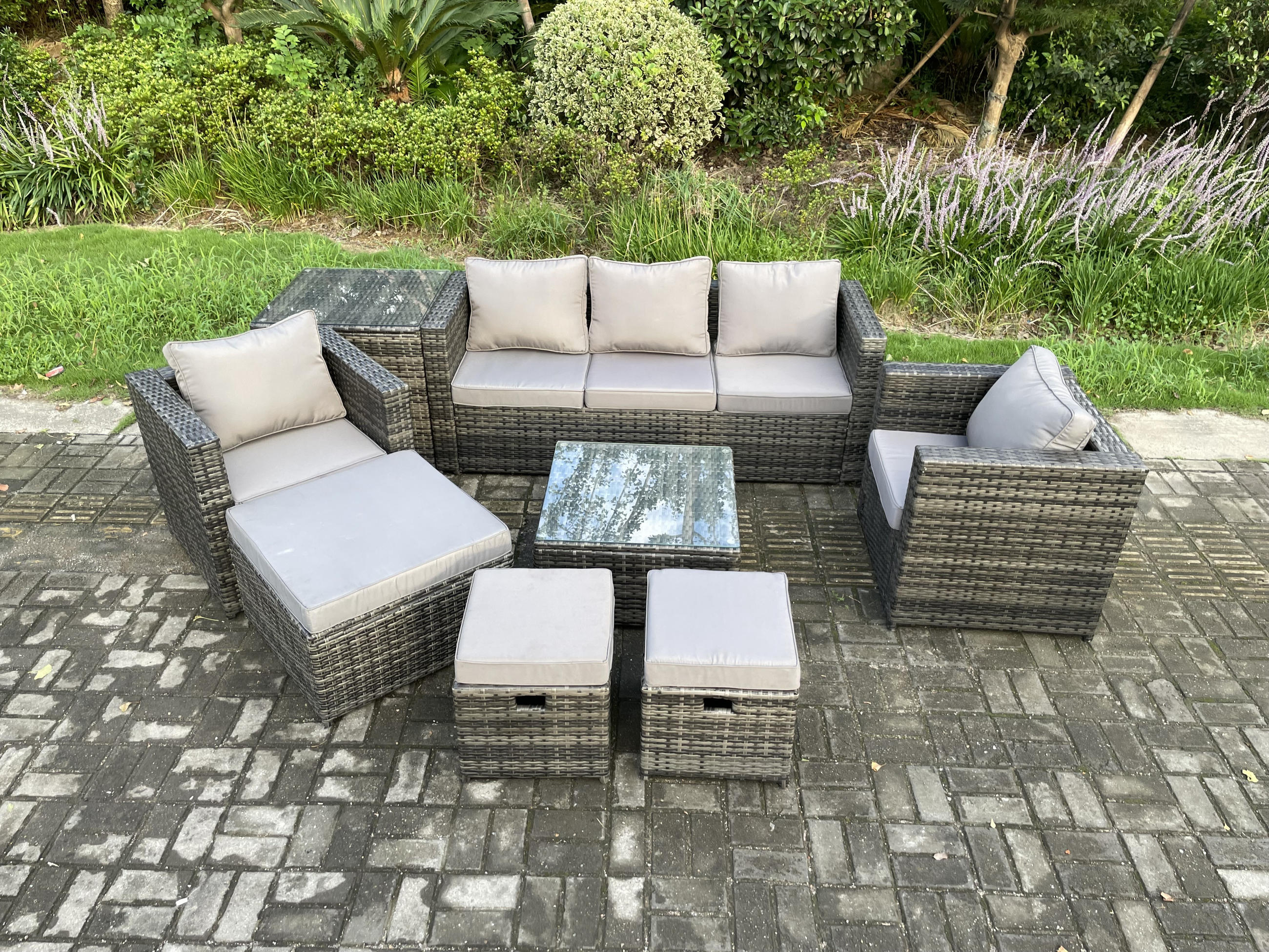 GARTENSET mit Beistelltisch Polyrattan 8-Sitzer - Dunkelgrau, Metall - Fimous