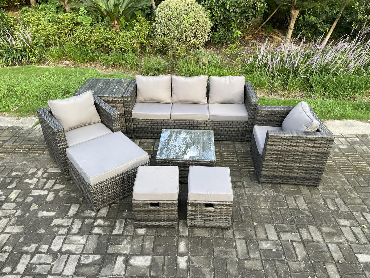 GARTENSET mit Beistelltisch Polyrattan 8-Sitzer - Dunkelgrau, Metall - Fimous