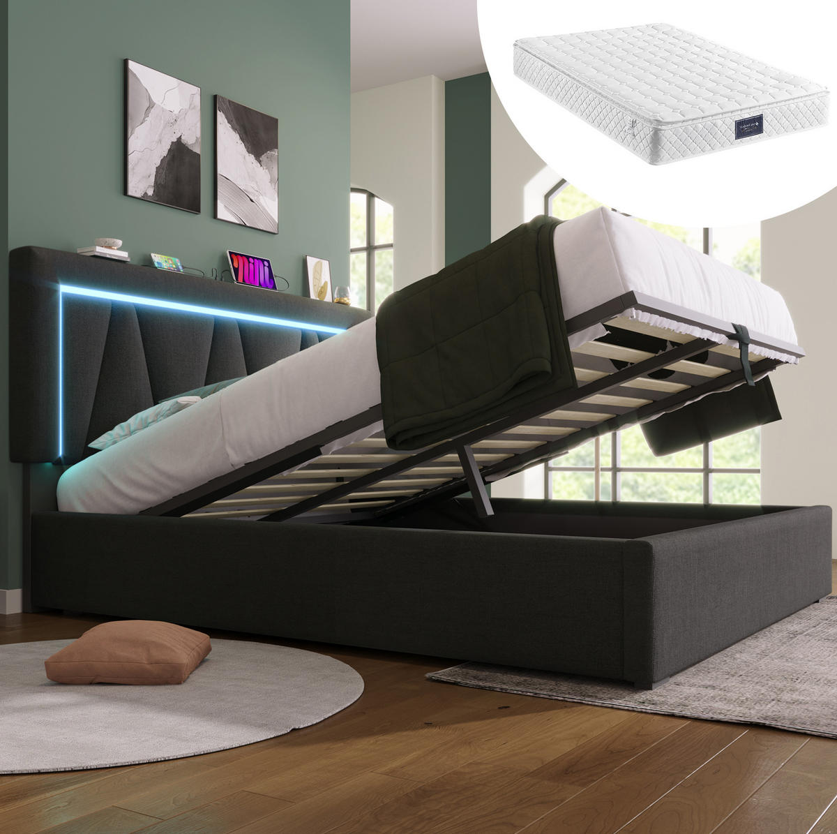 POLSTERBETT aus Leinenmaterial 160x200 cm Grau mit Matratze, Bettkasten, LED- und USB-C-Anschluss - Grau, Textil (160/200cm) - IVMEU