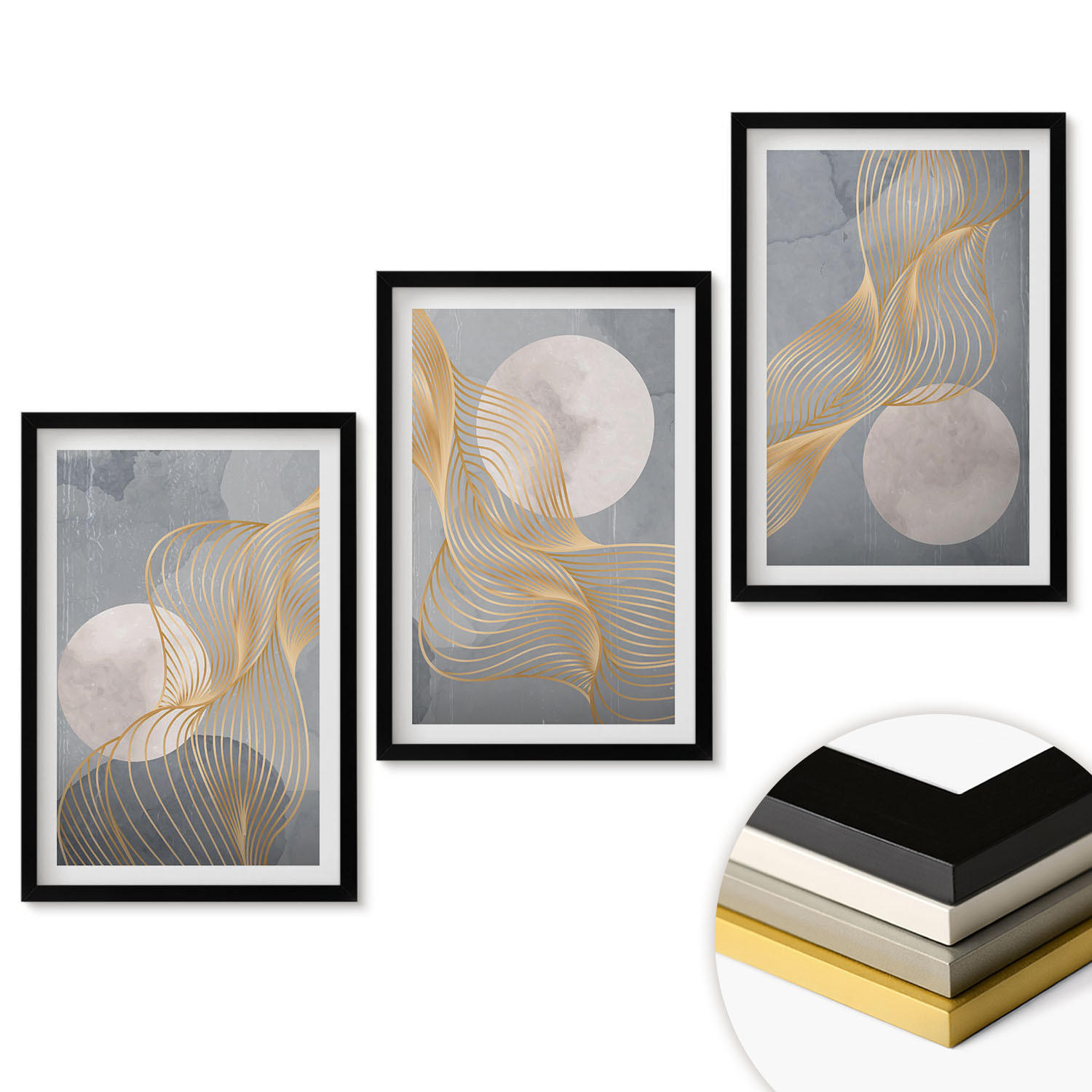 WANDBILDER 3er-Set - 40x60 cm Schwarzer Rahmen - Abstrakte Muster Wellen Kreise - Schwarz, Kunststoff (40/60cm) - ArtPrintCave