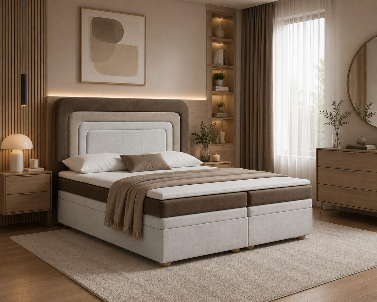 BOXBETT - Bett 10 NEST - Riviera - 140x200 cm - Modernes Polsterbett mit Bettkasten - Braun, Holz (140/200cm) - ROYAL24_MARKT