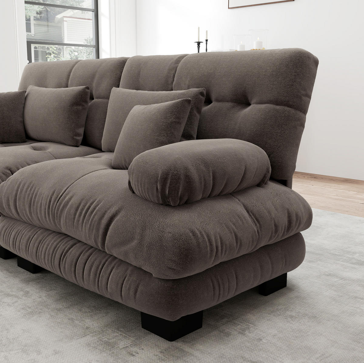 ECKSOFA mit modularer Ottomane, breiten Armlehnen und Deko- sowie Lendenkissen, Braun - Braun, Textil (220/145cm) - Redom