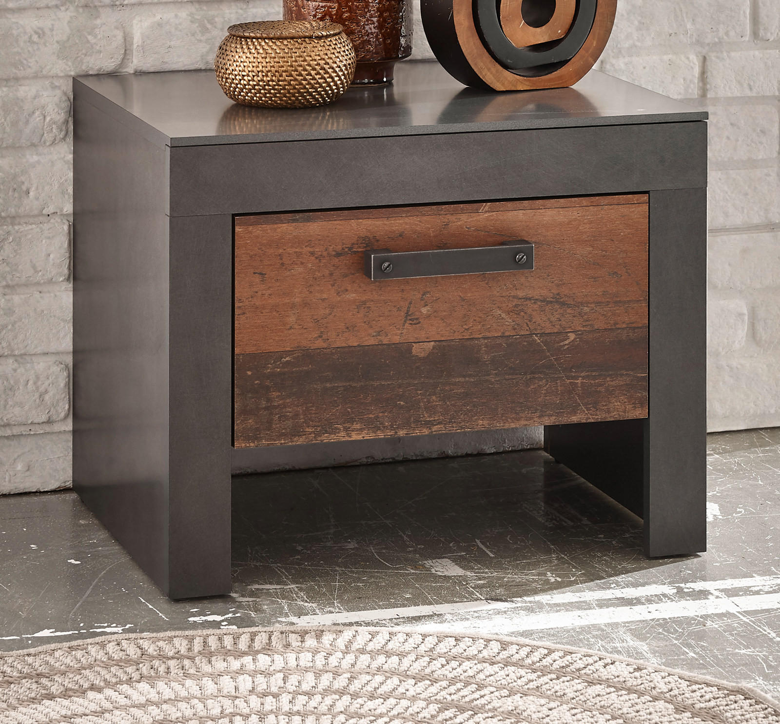 NACHTTISCH Old Used Wood Shabby Design mit Matera grau, Nachtkommode mit Schubkasten, 55 x 45 cm - Dunkelgrau/Braun, Holzwerkstoff/Kunststoff (45/45/55cm) - Furn.Design