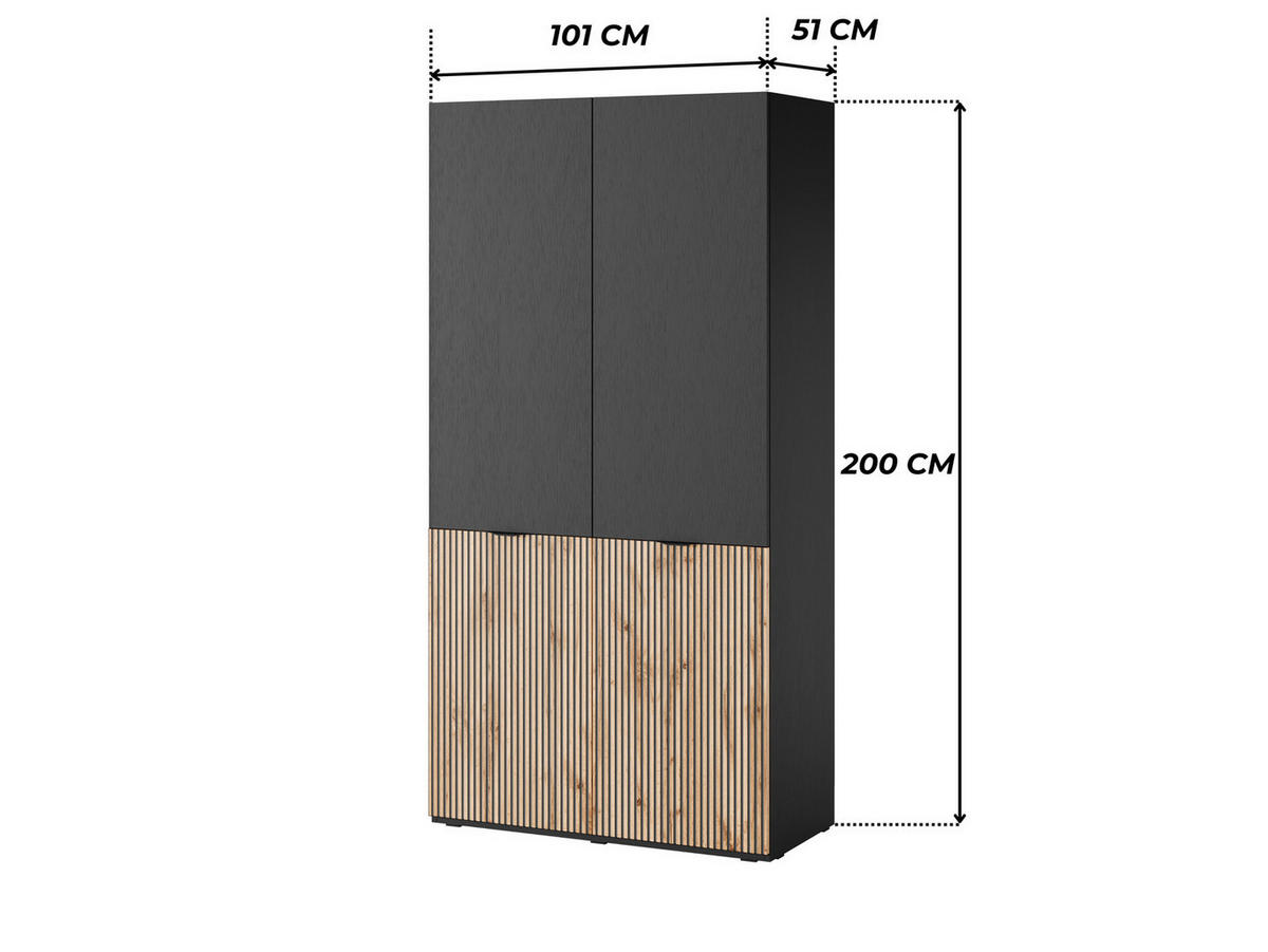 KLEIDERSCHRANK ZEN (Modular, Schwarz, Wotan Eiche Rillenfront, 2-türig) - Eiche Wotan/Schwarz, Holz/Holzwerkstoff (101/200/51cm) - Ravio