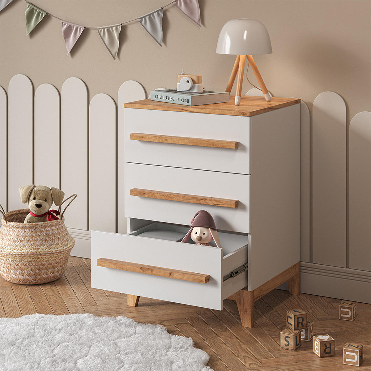 KOMMODE Malia Weiß/Artisan 60 x 88 cm mit 3 Schubladen - Weiß, Holzwerkstoff (60/88/53.4cm) - VitaliSpa