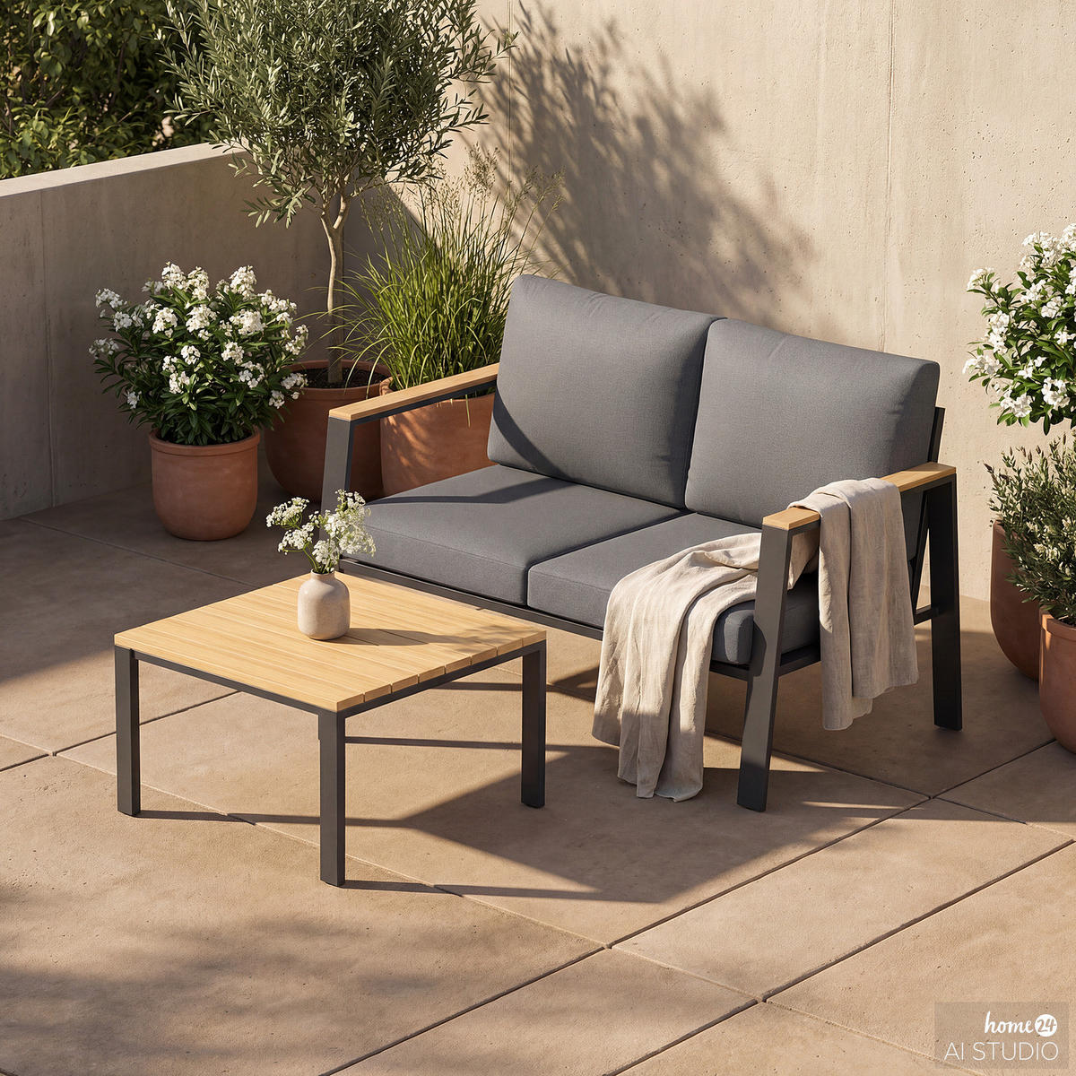 LOUNGESET - Eukalyptus massiv / Polyester - Braun / Anthrazit - 2-teilig - Braun/Grau, Holz/Textil - home24