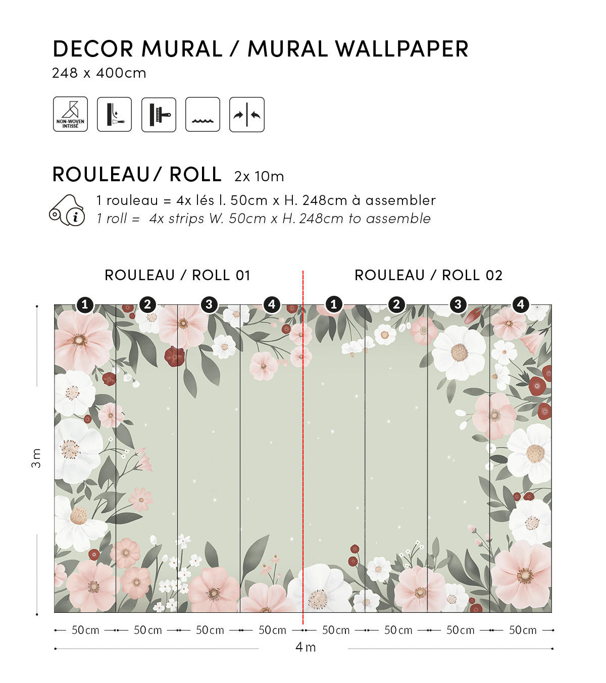 VLIESTAPETE Eden große Blumen 4 m x 2,48 m, grün/rosa - Multicolor, Papier (248/400cm) - Lilipinso