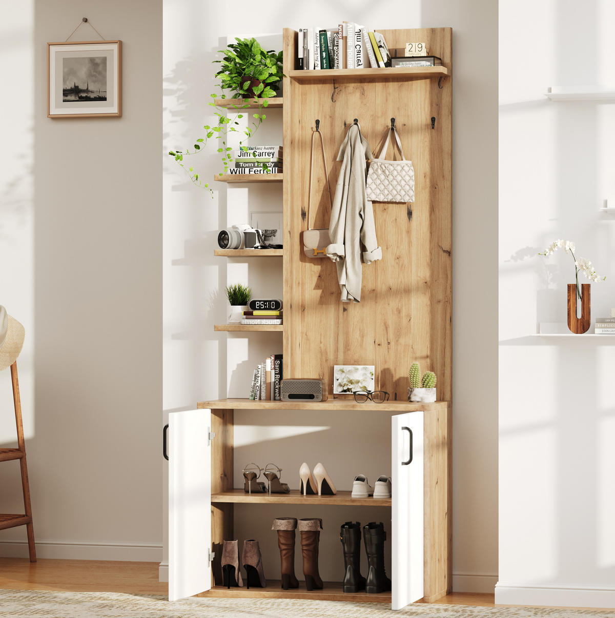GARDEROBENREGAL 75/33/180 cm aus Holzwerkstoff mit 6 offenen Fächern und Schrank Natur/Weiß - Naturfarben, Holzwerkstoff (75/180/33cm) - Modenvie